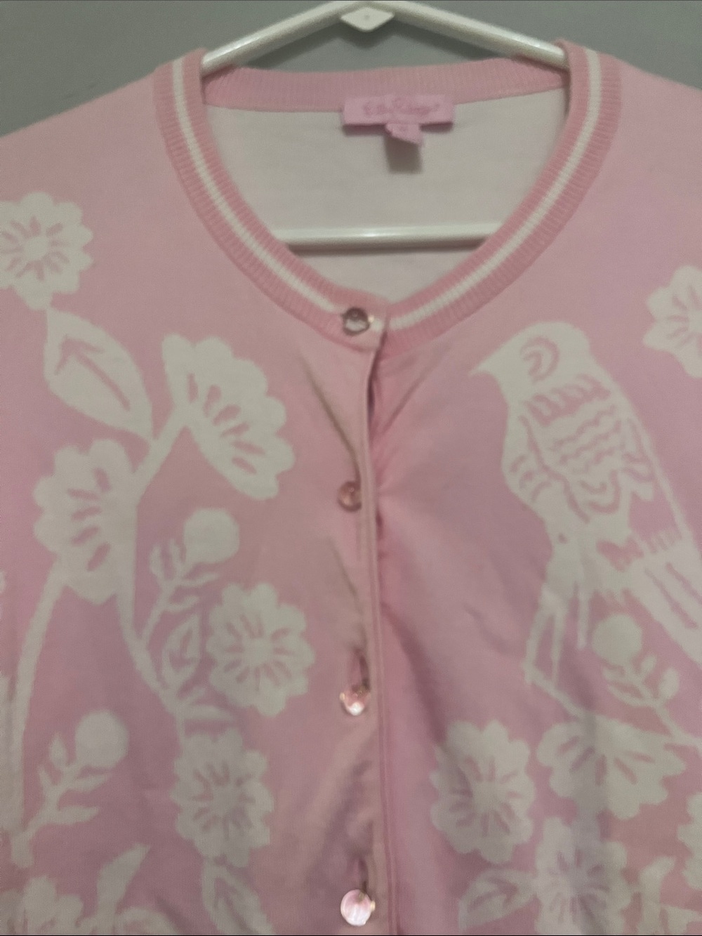 Lilly PulitzerPink Floral Bird Crewneck Cardigan Sweater - Picture 4 of 7